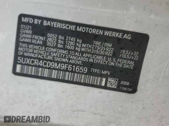 2021 BMW X5 sDrive40i with VIN 5UXCR4C09M9F61659, listed as a Copart auction lot 58670335 with Not provided miles and Salvage title. Bid and sale history available at DreamBid. Image 14.
