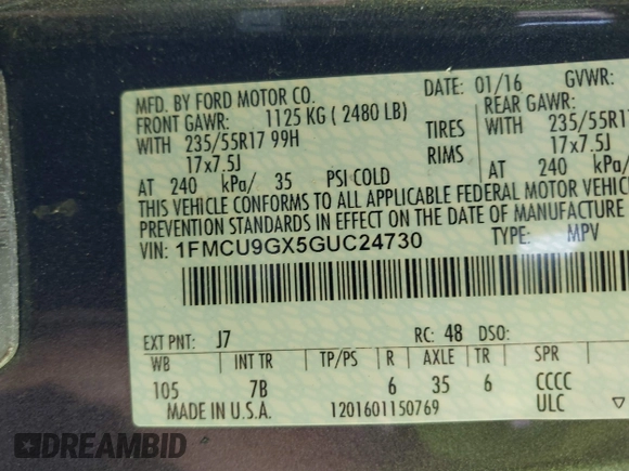 2016 Ford Escape SE with VIN 1FMCU9GX5GUC24730, listed as a IAAI auction lot 40172504 with 139,925 mi miles. Bid and sale history available at carsss.com. Image 9.