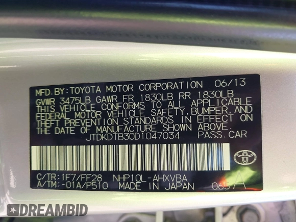 2013 Toyota Prius One with VIN JTDKDTB30D1047034, listed as a IAAI auction lot 42143557 with 186,866 mi miles. Bid and sale history available at carsss.com. Image 9.