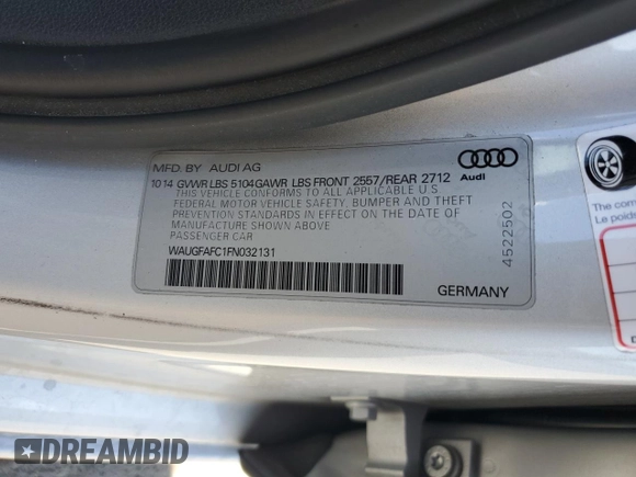2015 Audi A6 Premium Plus with VIN WAUGFAFC1FN032131, listed as a Copart auction lot 56870595 with 59,958 mi miles and Salvage title. Bid and sale history available at DreamBid. Image 12.