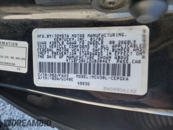 2002 Toyota Camry XLE z VIN 4T1BF30K12U020467, wystawiony jako Copart lot #54628995 z przebiegiem 222 898 mil mil oraz Szkoda całkowita • Salvage title. Historia ofert i sprzedaży dostępna na DreamBid. Obrazek 13.