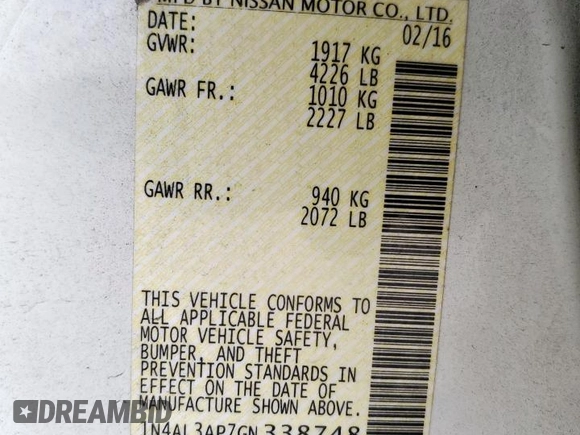 2016 Nissan Altima S with VIN 1N4AL3AP7GN338748, listed as a Copart auction lot 57432575 with 138,315 mi miles and Salvage title. Bid and sale history available at DreamBid. Image 13.