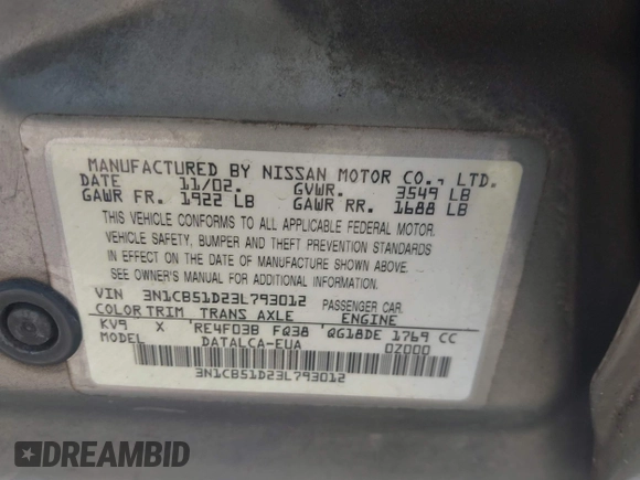 2003 Nissan Sentra XE with VIN 3N1CB51D23L793012, listed as a IAAI auction lot 42144509 with 86,104 mi miles and . Bid and sale history available at DreamBid. Image 9.