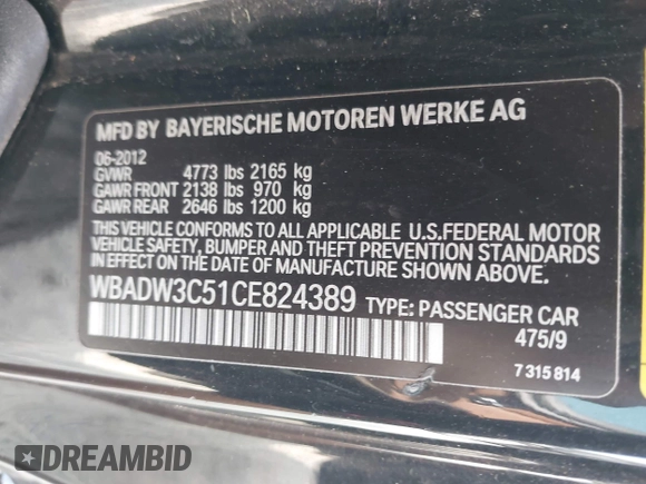 2012 BMW 3 Series 328i with VIN WBADW3C51CE824389, listed as a IAAI auction lot 42405829 with 163,000 mi miles and . Bid and sale history available at DreamBid. Image 9.
