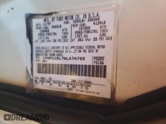 1998 Ford Expedition XLT z VIN 1FMPU18L7WLA74705, wystawiony jako Copart lot #82522704 z przebiegiem 275 355 mil mil oraz Szkoda całkowita • Salvage title. Historia ofert i sprzedaży dostępna na DreamBid. Obrazek 12.