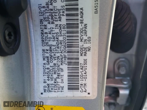 2002 Lexus ES 300 with VIN JTHBF30G620031180, listed as a Copart auction lot 81946404 with 198,345 mi miles and Salvage Title. Bid and sale history available at DreamBid. Image 12.