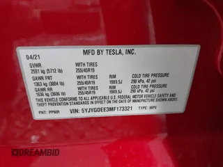 2021 Tesla Model Y Long Range z VIN 5YJYGDEE3MF173321, wystawiony jako IAAI lot #42163343 z przebiegiem 46 569 mil mil oraz . Historia ofert i sprzedaży dostępna na DreamBid. Obrazek 9.