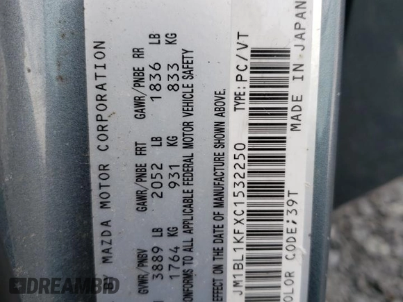 2012 Mazda 3 GX with VIN JM1BL1KFXC1532250, listed as a Copart auction lot 38709862 with 121,173 mi miles and Salvage Title. Bid and sale history available at carsss.com. Image 10.