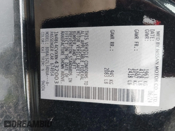 2024 Nissan Altima SR z VIN 1N4BL4CVXRN432003, wystawiony jako IAAI lot #41916171 z przebiegiem 14 729 mil mil oraz . Historia ofert i sprzedaży dostępna na DreamBid. Obrazek 9.