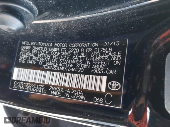 2013 Toyota Prius One with VIN JTDKN3DU4D1646120, listed as a IAAI auction lot 41425501 with 90,294 mi miles. Bid and sale history available at carsss.com. Image 9.