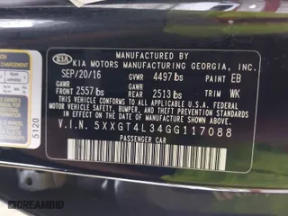 2016 Kia Optima LX with VIN 5XXGT4L34GG117088, listed as a IAAI auction lot 41681175 with 152,482 mi miles. Bid and sale history available at carsss.com. Image 9.