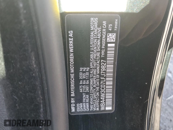 2020 BMW 4 Series 430i with VIN WBA4W3C07LFJ79827, listed as a Copart auction lot 54547705 with 37,185 mi miles and Salvage title. Bid and sale history available at DreamBid. Image 12.