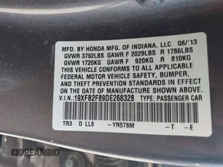 2013 Honda Civic EX with VIN 19XFB2F89DE268328, listed as a IAAI auction lot 42049105 with 121,176 mi miles and . Bid and sale history available at DreamBid. Image 9.