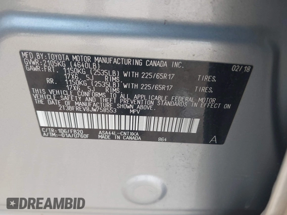 2018 Toyota RAV4 LE with VIN 2T3BFREV8JW758553, listed as a IAAI auction lot 42539300 with 116,337 mi miles and . Bid and sale history available at DreamBid. Image 9.