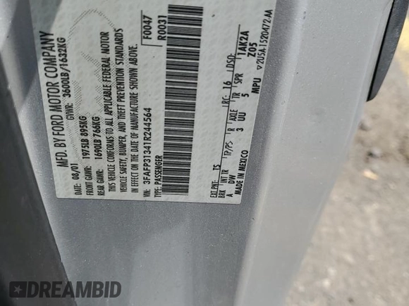 2001 Ford Focus ZX3 z VIN 3FAFP31341R244564, wystawiony jako Copart lot #55472105 z przebiegiem 168 296 mil mil oraz Szkoda całkowita • Salvage title. Historia ofert i sprzedaży dostępna na DreamBid. Obrazek 12.