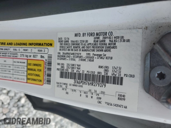 2017 Ford Fusion SE с VIN 3FA6P0H76HR279379, выставлен на аукционе Copart как лот 63052475 с пробегом 131 268 миль миль и Списание • Salvage title. История ставок и продаж доступна на DreamBid. Изображение 13.