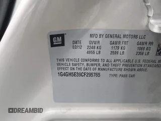 2012 Buick LaCrosse Premium 3 with VIN 1G4GH5E39CF295765, listed as a IAAI auction lot 42468860 with 121,070 mi miles and . Bid and sale history available at DreamBid. Image 9.