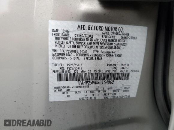 2008 Ford Taurus Limited with VIN 1FAHP25W08G154062, listed as a Copart auction lot 81440714 with 123,460 mi miles and Salvage Title. Bid and sale history available at carsss.com. Image 12.