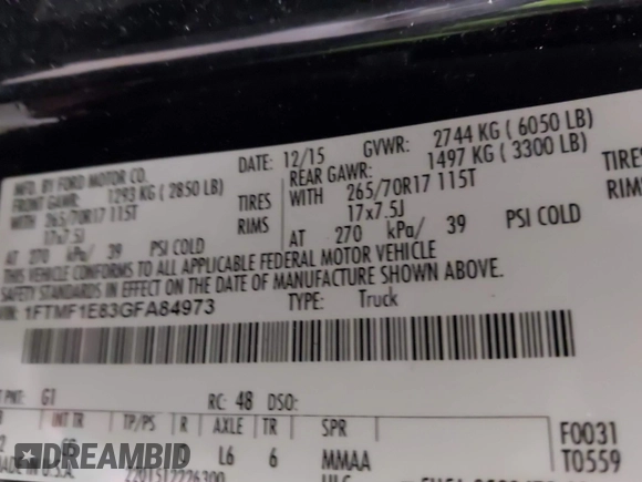 2016 Ford F-150 XL with VIN 1FTMF1E83GFA84973, listed as a IAAI auction lot 41343566 with 105,003 mi miles and . Bid and sale history available at DreamBid. Image 9.