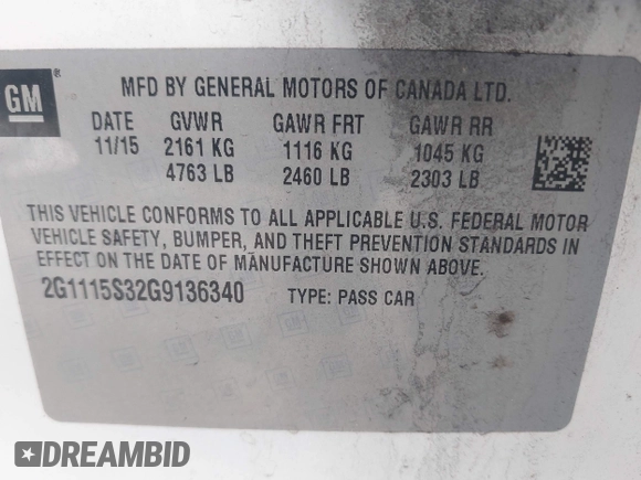 2016 Chevrolet Impala LT with VIN 2G1115S32G9136340, listed as a IAAI auction lot 41971900 with 93,591 mi miles and . Bid and sale history available at DreamBid. Image 9.