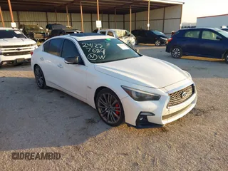 2018 Infiniti Q50 Red Sport 400 with VIN JN1FV7AP3JM461528, listed as a IAAI auction lot 41152839 with 91,500 mi miles and . Bid and sale history available at DreamBid. Image 1.