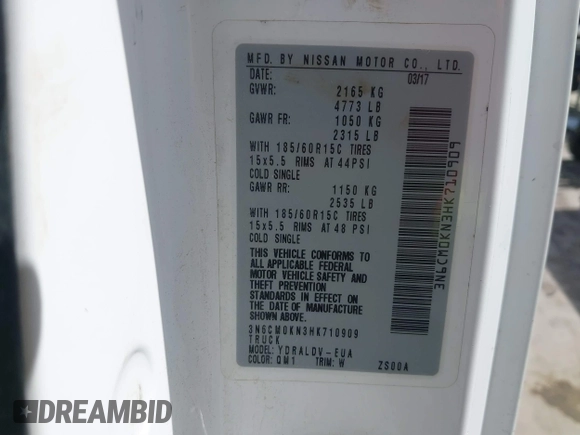 2017 Nissan NV200 S с VIN 3N6CM0KN3HK710909, выставлен на аукционе IAAI как лот 41744128 с пробегом 170 954 миль миль и . История ставок и продаж доступна на DreamBid. Изображение 9.