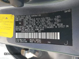 2003 Toyota Highlander z VIN JTEHF21A230143620, wystawiony jako IAAI lot #42409641 z przebiegiem 210 980 mil mil oraz . Historia ofert i sprzedaży dostępna na DreamBid. Obrazek 9.