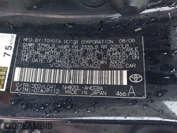 2006 Toyota Prius with VIN JTDKB20U467534622, listed as a IAAI auction lot 41511434 with 204,586 mi miles. Bid and sale history available at carsss.com. Image 9.