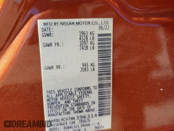 2022 Nissan Altima SR with VIN 1N4BL4CV7NN396314, listed as a Copart auction lot 47005305 with 46,994 mi miles and Salvage Title. Bid and sale history available at DreamBid. Image 12.