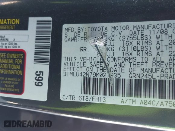 2009 Toyota Tacoma z VIN 3TMLU42N79M027935, wystawiony jako IAAI lot #41645051 z przebiegiem 341 601 mil mil oraz . Historia ofert i sprzedaży dostępna na DreamBid. Obrazek 9.