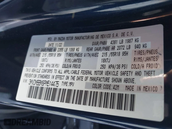 2023 Mazda CX-30 S Select with VIN 3MVDMBBM8PM514475, listed as a IAAI auction lot 41664456 with 33,076 mi miles and . Bid and sale history available at DreamBid. Image 9.