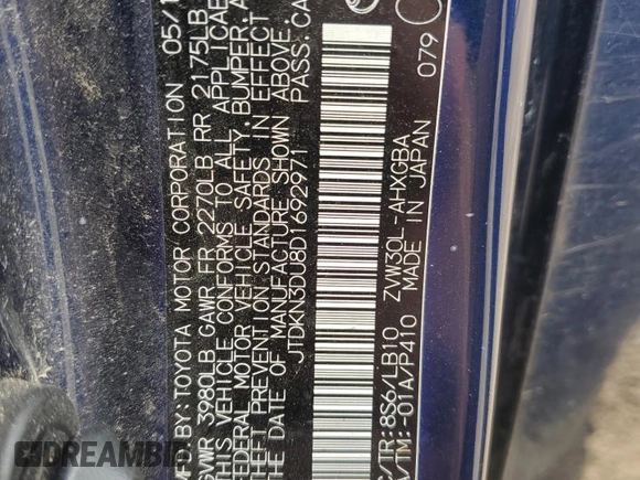 2013 Toyota Prius One with VIN JTDKN3DU8D1692971, listed as a Copart auction lot 53854465 with 166,342 mi miles and Clean Title. Bid and sale history available at DreamBid. Image 12.