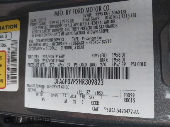 2017 Ford Fusion Sport with VIN 3FA6P0VP2HR309823, listed as a IAAI auction lot 41617231 with 90,924 mi miles. Bid and sale history available at carsss.com. Image 9.
