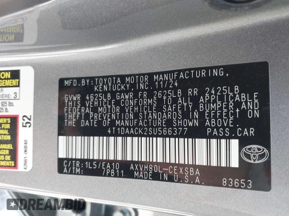 2025 Toyota Camry LE z VIN 4T1DAACK2SU566377, wystawiony jako IAAI lot #41818582 z przebiegiem 1 950 mil mil oraz . Historia ofert i sprzedaży dostępna na DreamBid. Obrazek 9.
