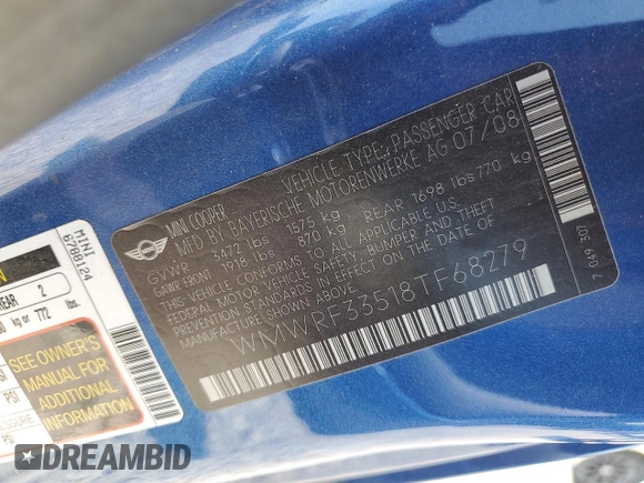 2008 MINI Convertible with VIN WMWRF33518TF68279, listed as a Copart auction lot 59547065 with 86,200 mi miles and Salvage title. Bid and sale history available at DreamBid. Image 13.