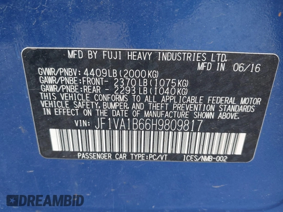 2017 Subaru WRX with VIN JF1VA1B66H9809817, listed as a IAAI auction lot 42427770 with 142,422 mi miles and . Bid and sale history available at DreamBid. Image 9.