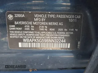 2011 BMW 3 Series 328i xDrive with VIN WBAPK5G59BNN32244, listed as a IAAI auction lot 42467567 with 93,563 mi miles and . Bid and sale history available at DreamBid. Image 9.