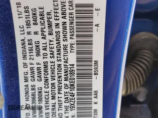 2019 Honda Insight LX z VIN 19XZE4F10KE018914, wystawiony jako Copart lot #51709635 z przebiegiem 30 382 mil mil oraz Szkoda całkowita • Salvage title. Historia ofert i sprzedaży dostępna na DreamBid. Obrazek 13.