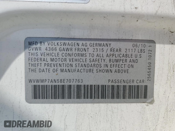 2011 Volkswagen CC Sport z VIN WVWMP7AN5BE707763, wystawiony jako Copart lot #52054875 z przebiegiem 115 496 mil mil oraz Szkoda całkowita • Salvage title. Historia ofert i sprzedaży dostępna na DreamBid. Obrazek 14.