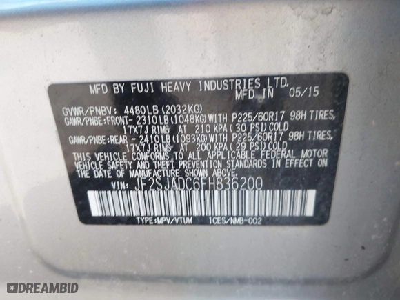 2015 Subaru Forester 2.5i Premium with VIN JF2SJADC6FH836200, listed as a IAAI auction lot 42059319 with 170,454 mi miles. Bid and sale history available at carsss.com. Image 9.