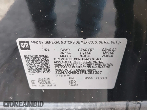 2024 Chevrolet Equinox LS with VIN 3GNAXHEG8RL293397, listed as a IAAI auction lot 42050954 with Not provided miles and . Bid and sale history available at DreamBid. Image 9.