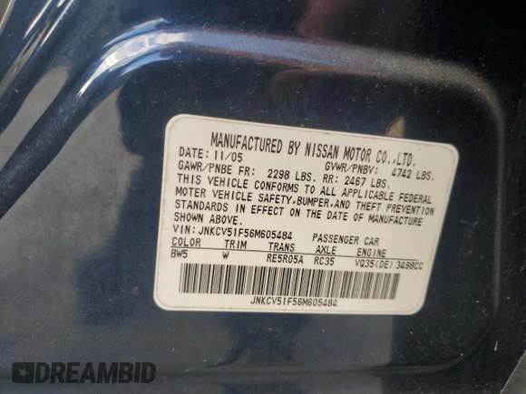2006 Infiniti G35 z VIN JNKCV51F56M605484, wystawiony jako Copart lot #76721034 z przebiegiem 214 171 mil mil oraz Czysty tytuł • Clean title. Historia ofert i sprzedaży dostępna na DreamBid. Obrazek 12.