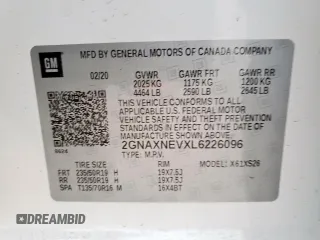 2020 Chevrolet Equinox Premier z VIN 2GNAXNEVXL6226096, wystawiony jako Copart lot #56744635 z przebiegiem 33 594 mil mil oraz Szkoda całkowita • Salvage title. Historia ofert i sprzedaży dostępna na DreamBid. Obrazek 13.