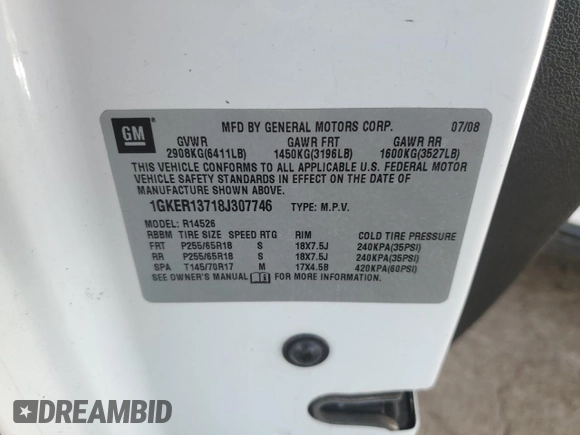 2008 GMC Acadia SLE1 z VIN 1GKER13718J307746, wystawiony jako Copart lot #47288485 z przebiegiem 184 961 mil mil oraz Szkoda całkowita • Salvage title. Historia ofert i sprzedaży dostępna na DreamBid. Obrazek 14.