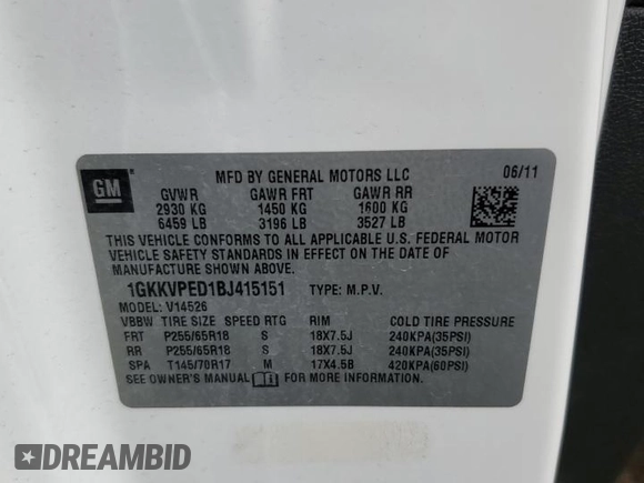 2011 GMC Acadia SLE with VIN 1GKKVPED1BJ415151, listed as a Copart auction lot 46675505 with 208,189 mi miles and Clean Title. Bid and sale history available at carsss.com. Image 13.
