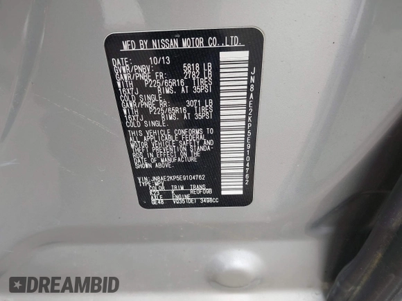 2014 Nissan Quest S with VIN JN8AE2KP5E9104762, listed as a IAAI auction lot 41566593 with 132,043 mi miles and . Bid and sale history available at DreamBid. Image 9.