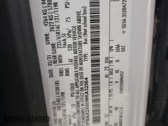 2021 Ford Transit Passenger XL with VIN 1FBAX2X80MKA32064, listed as a Copart auction lot 79286544 with 96,681 mi miles and Salvage Title. Bid and sale history available at DreamBid. Image 13.