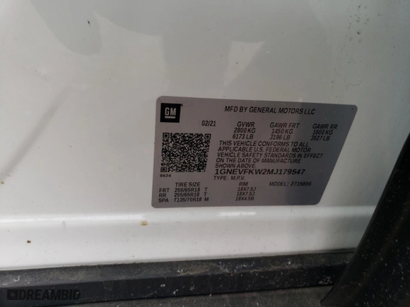 2021 Chevrolet Traverse LS with VIN 1GNEVFKW2MJ179547, listed as a Copart auction lot 45479365 with 43,459 mi miles and Salvage Title. Bid and sale history available at carsss.com. Image 15.