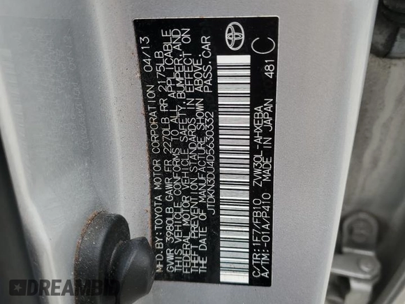 2013 Toyota Prius One with VIN JTDKN3DU4D5630332, listed as a Copart auction lot 53988125 with 124,869 mi miles and Clean Title. Bid and sale history available at DreamBid. Image 12.