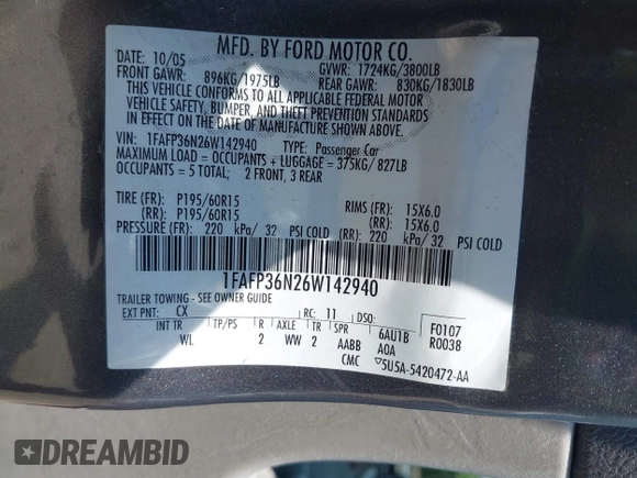 2006 Ford Focus SE with VIN 1FAFP36N26W142940, listed as a IAAI auction lot 42660208 with 139,341 mi miles and . Bid and sale history available at DreamBid. Image 9.